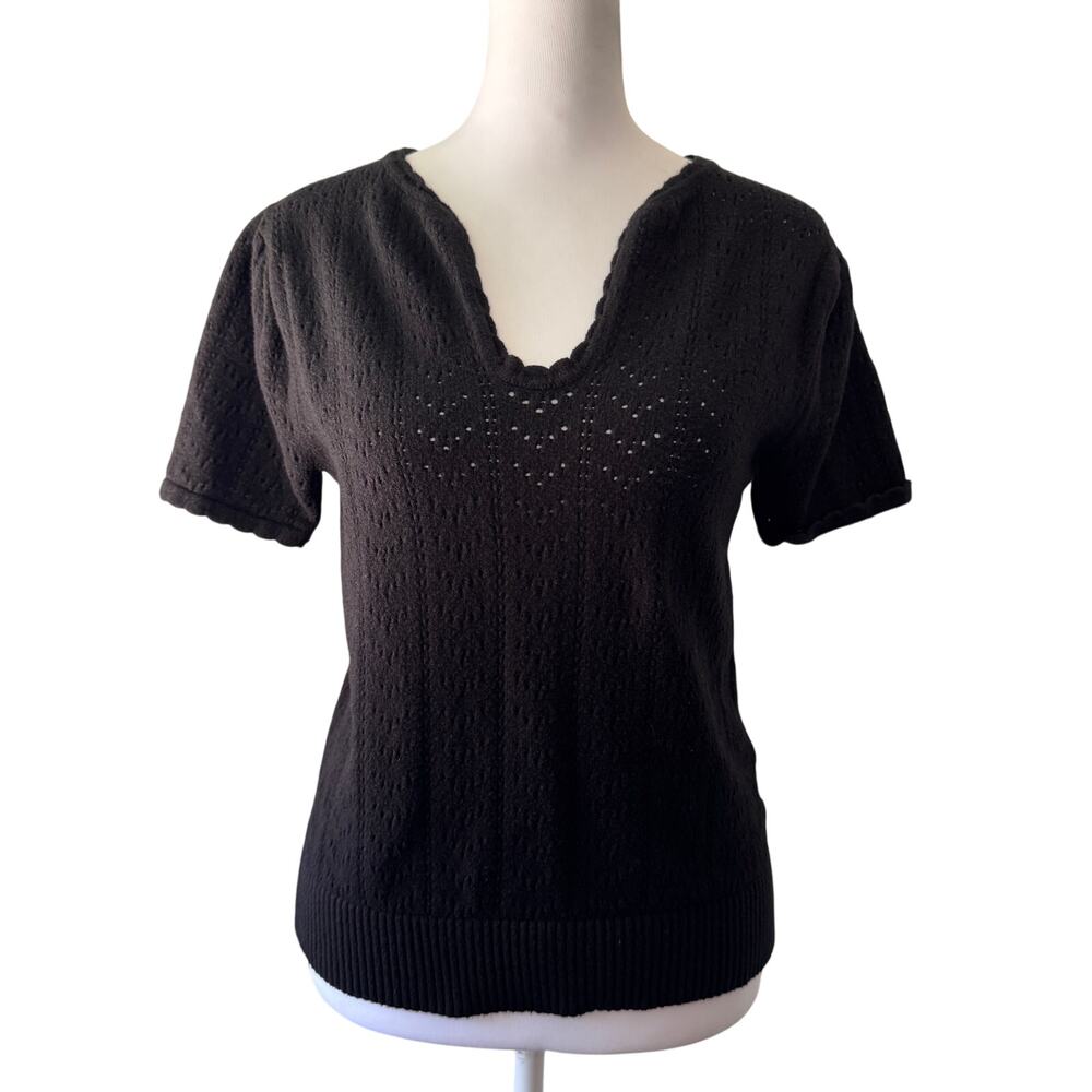 Black Semi-Sheer V-Neck Short Sleeve Sweater - Picture 2 of 7